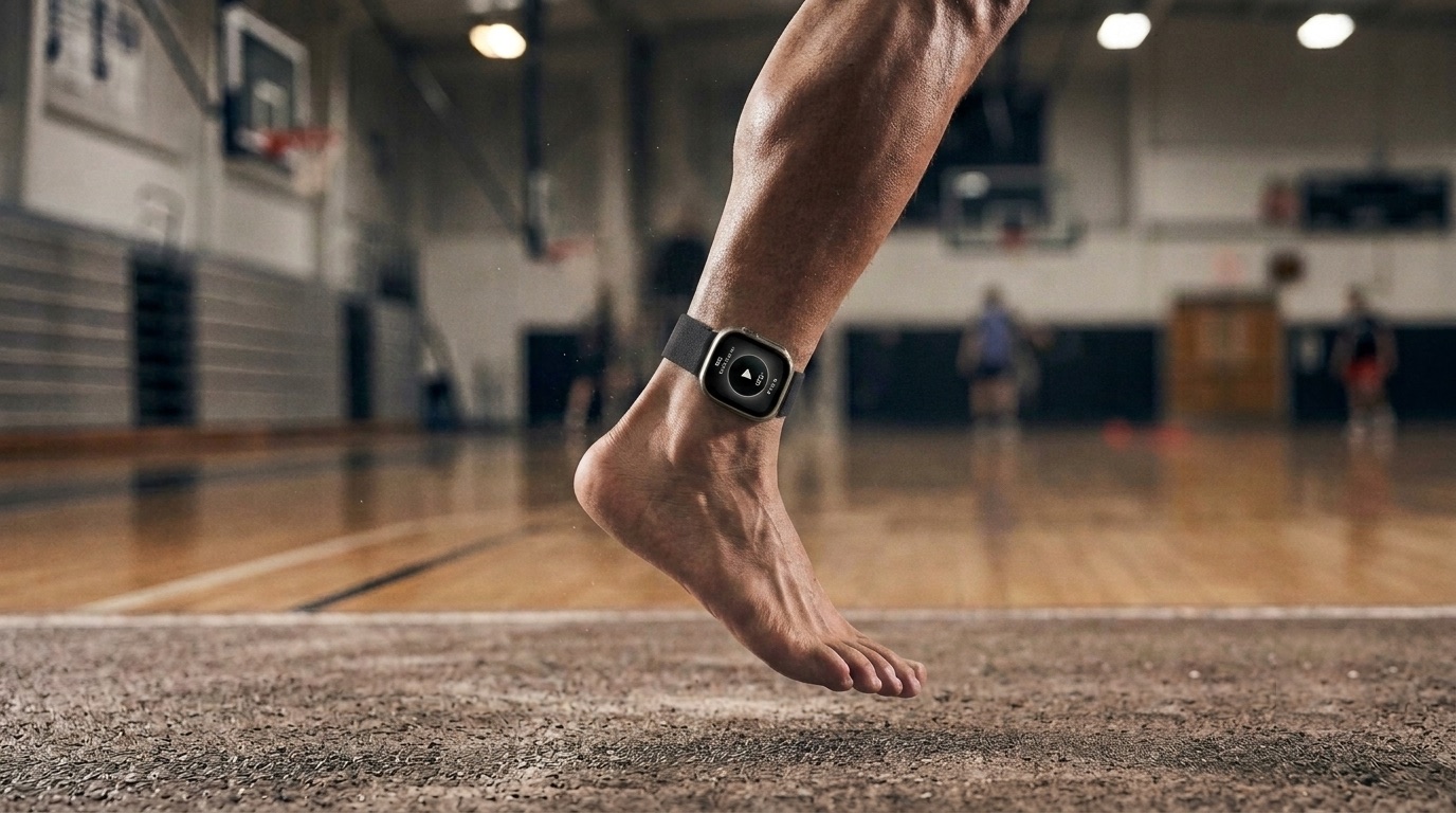 An athlete mid-jump with the Apple Watch running Jumpable strapped to the ankle