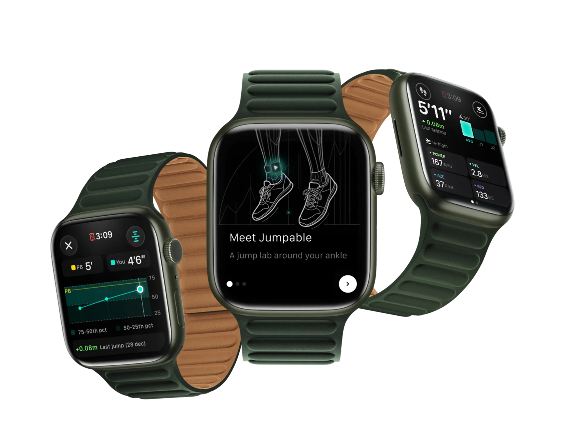 Three Apple Watches showing the Jumpable app: jump history, the Meet Jumpable intro, and live jump metrics