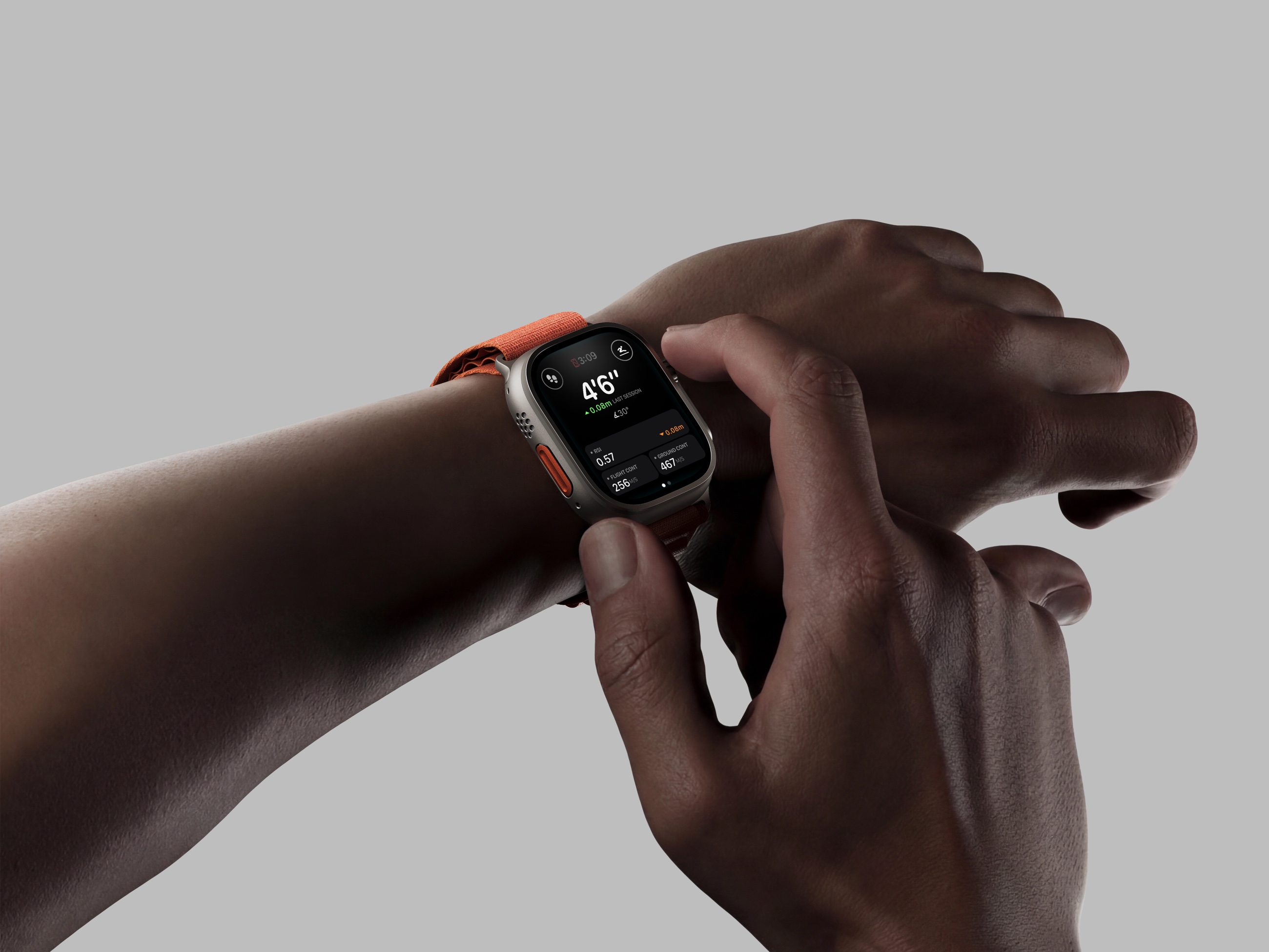 The Jumpable app on an Apple Watch Ultra, showing jump height with RSI, flight and ground contact metrics
