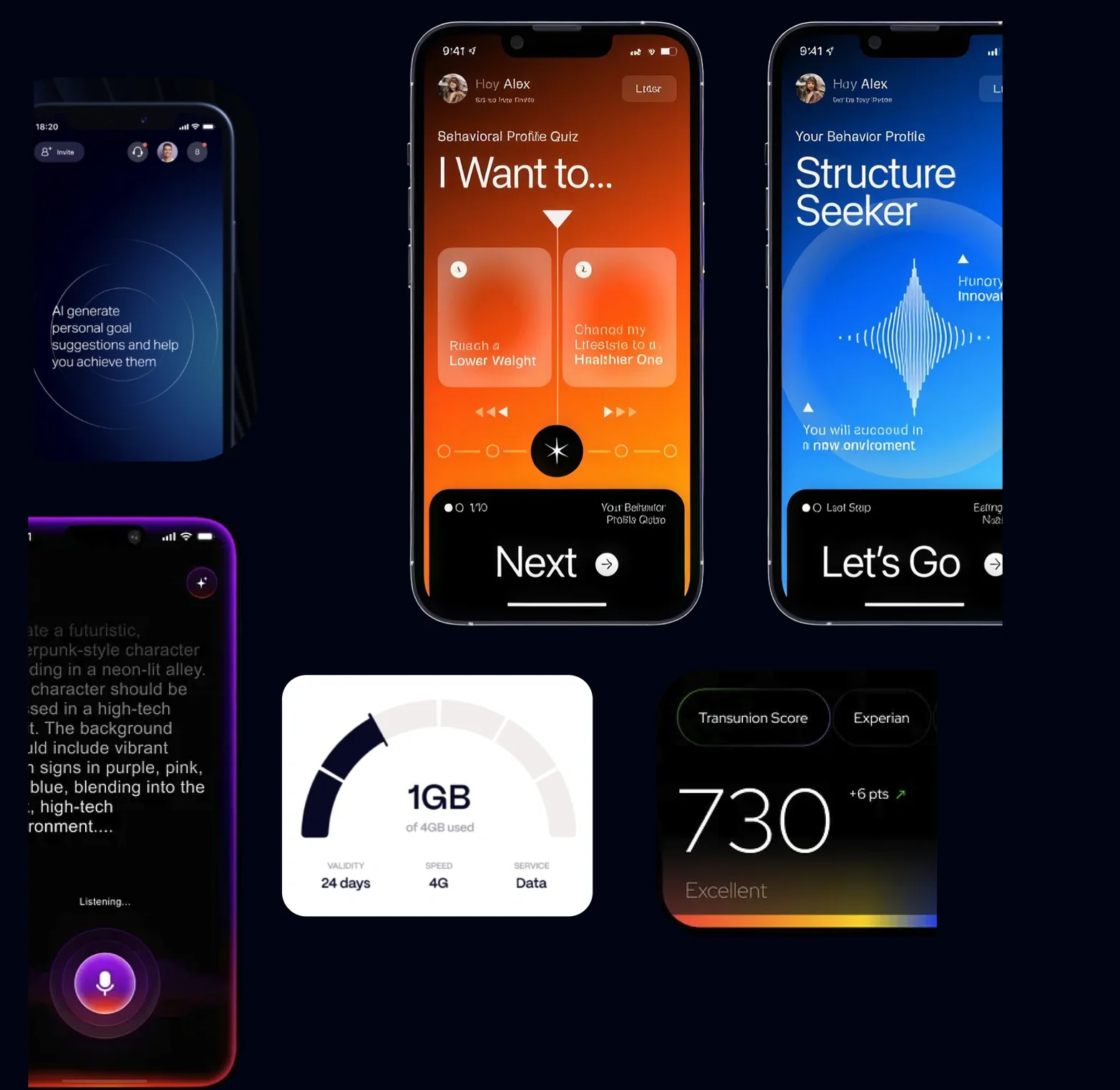 Visual moodboard for Fireflut — a collage of dark, high-contrast app UI references: bold onboarding screens, a voice assistant, data gauges and score cards