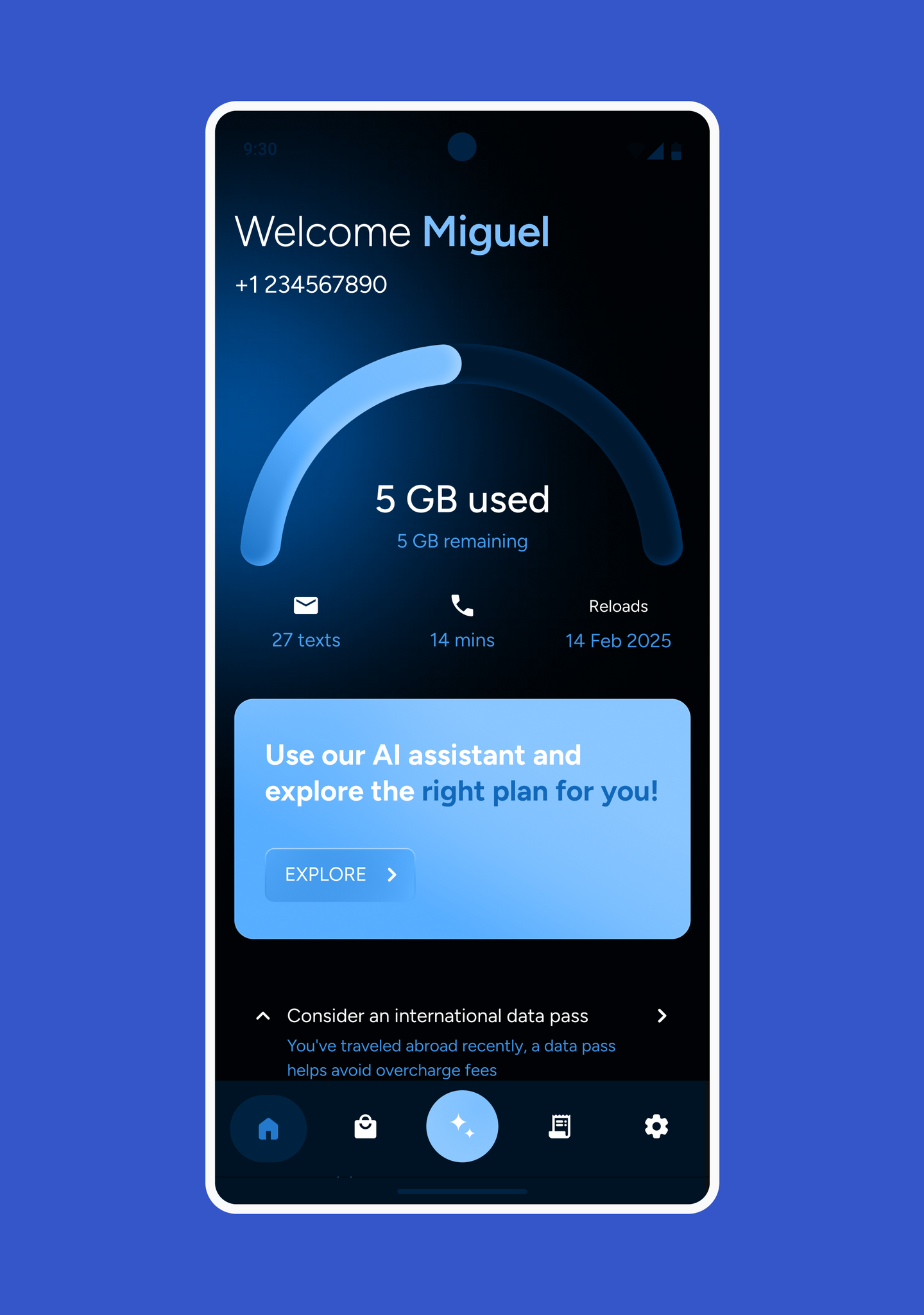 Fireflut homepage themed variants – the redesigned home screen cycling through blue, amber, green and red brand themes, each with the usage gauge, glanceable stats and AI assistant card