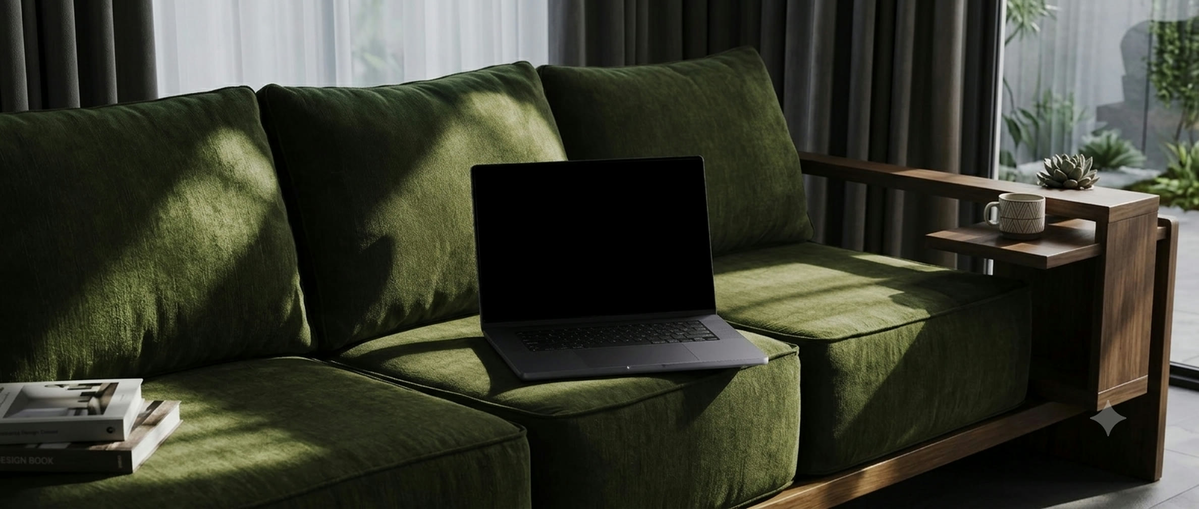 Hatcha — the event planner running on a laptop resting on a green sofa